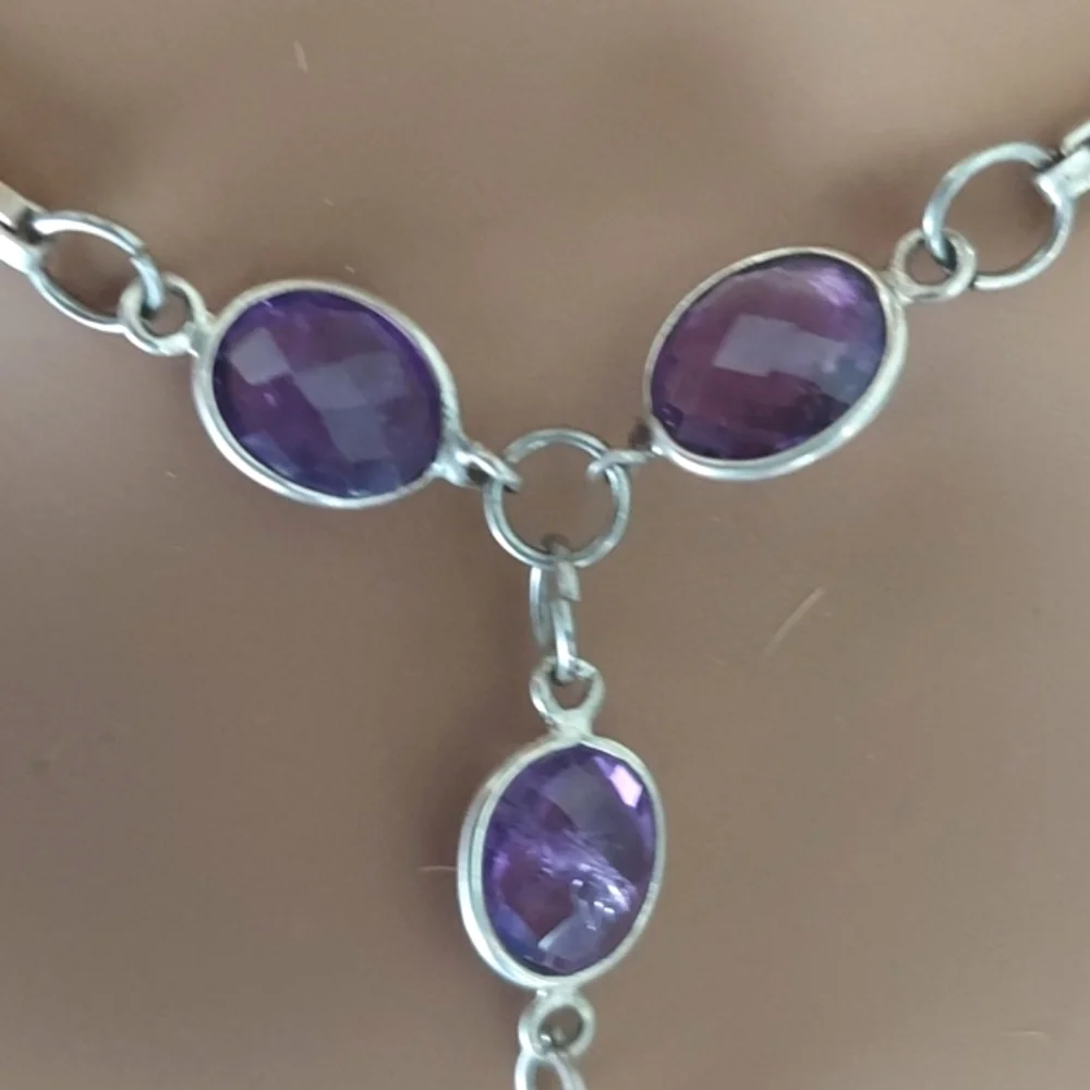 Handcrafted Sterling Silver Amethyst dangle Box Chain Necklace  New